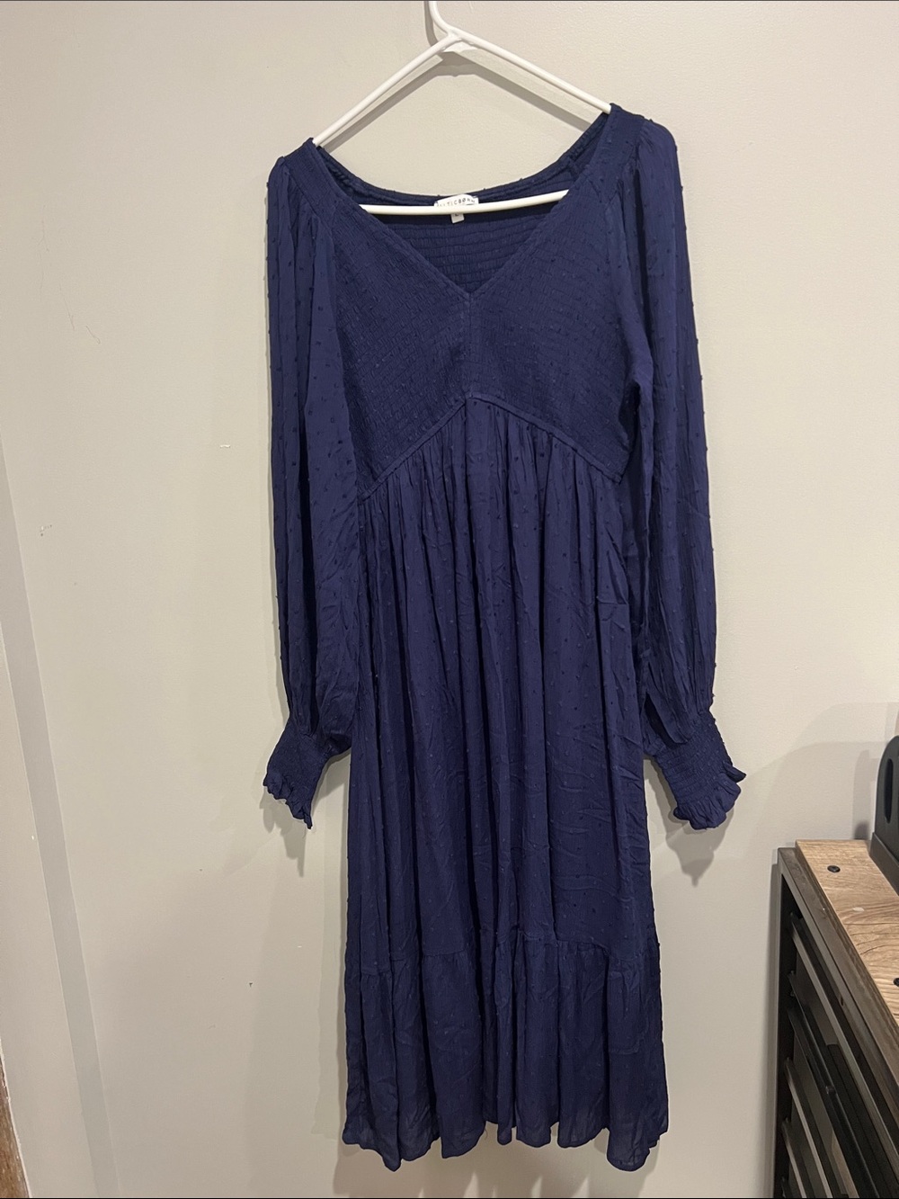 Baltic Born Lainey Smocked Dotted Midi Dress in Midnight Blue womens L cottage